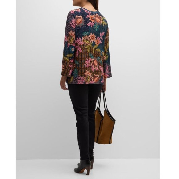 Johnny Was Plus Delfino V Neck Kimono Sleeve Tee Floral Blue Top Shirt Flower NW - Picture 2 of 8